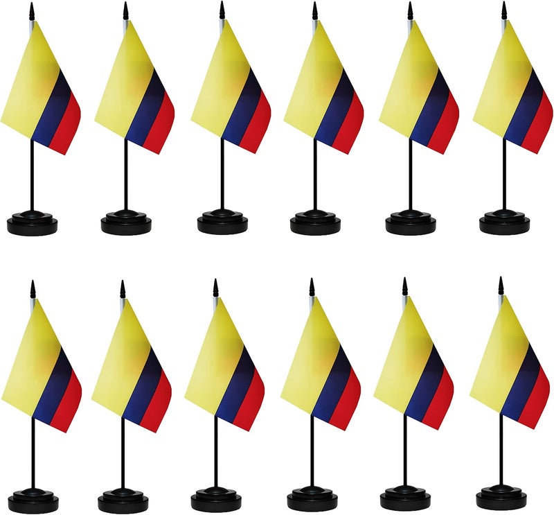 tibijoy Colombia Flags Colombian Desk Flags Set Small Mini Colombia Flags Table Flag with 13" Black Pole, Black Base and Spear Top, Miniature Colombian Deluxe Desktop Flag, Home Decoration, Office Decoration, Festival Celebrations(12 Pack ) - Image 1